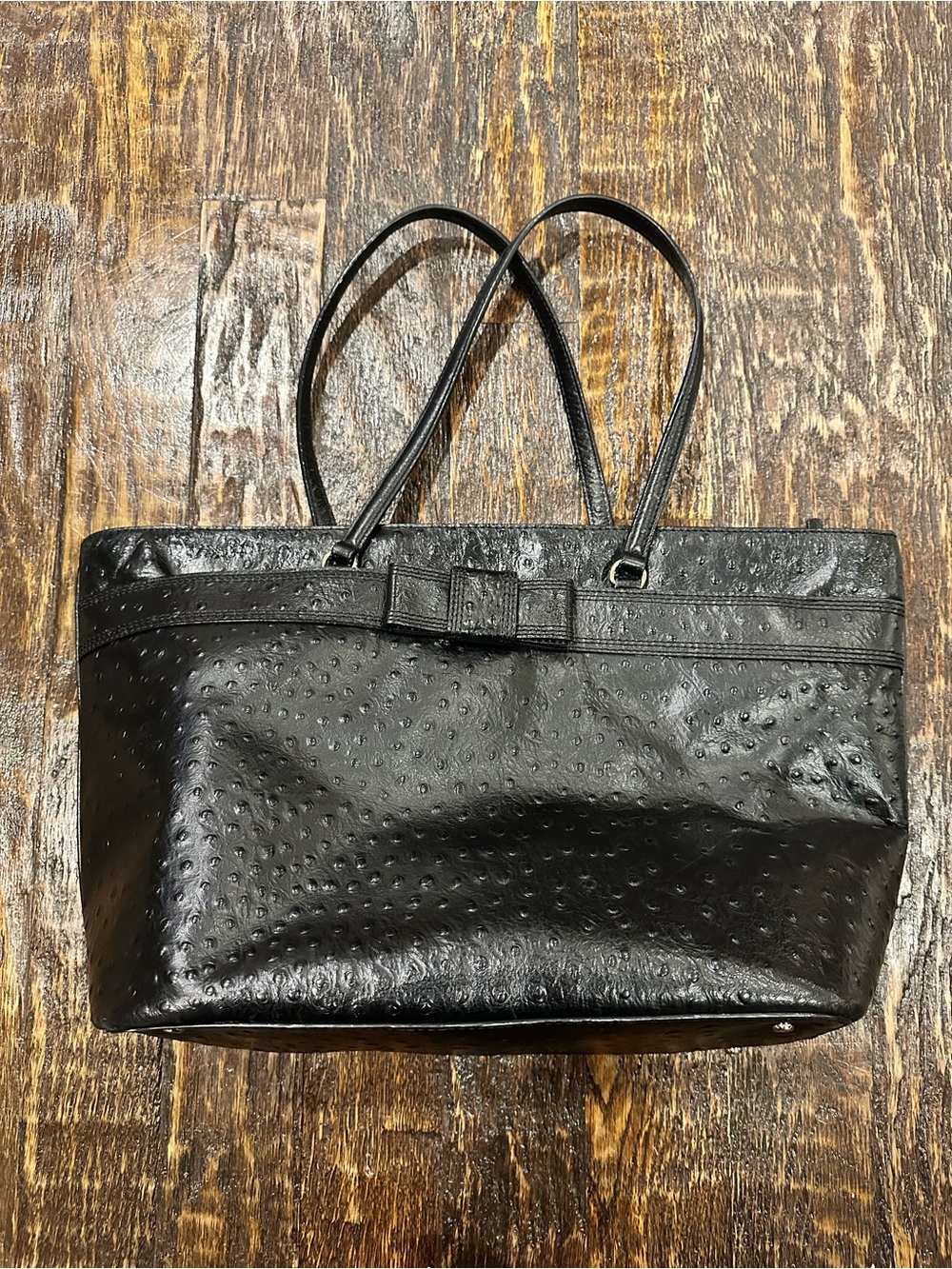 kate spade Valencia Road Harmony Black Ostrich-Texture Tote with Bow Trim